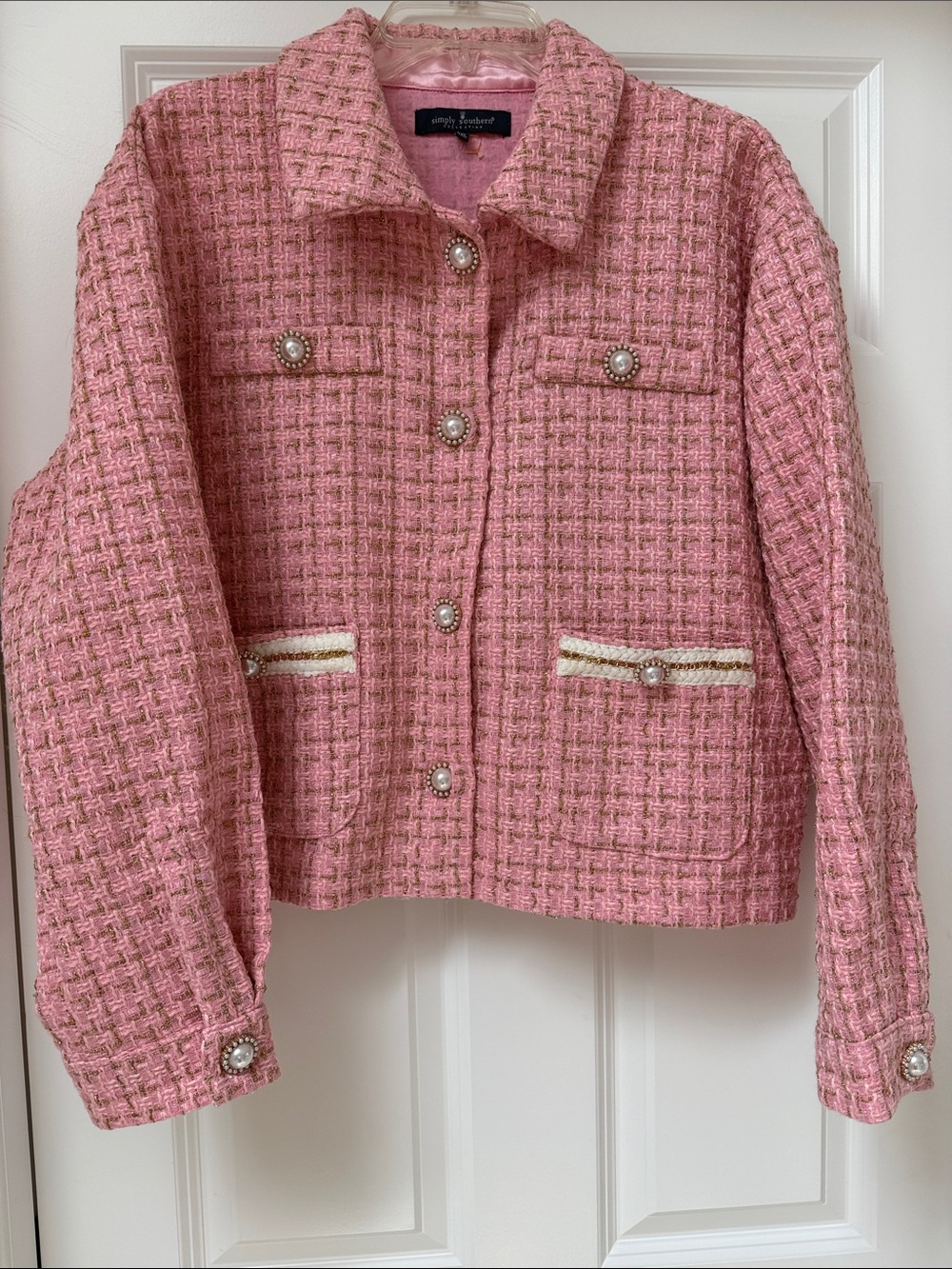SIMPLY SOUTHERN Pink Tweed jacket size XXL w pearl buttons, gold treads